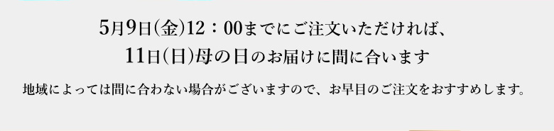 5月9日(金)12：00までにご注文いただければ、11日(日)母の日のお届けに間に合います