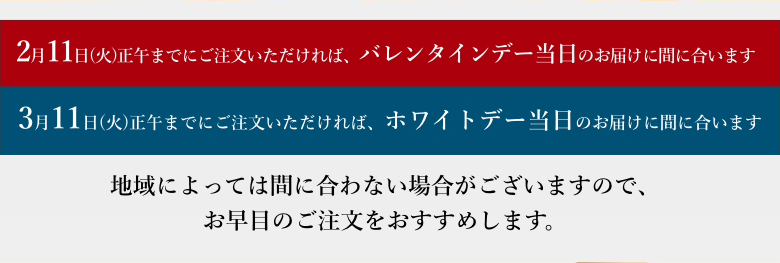 2月11日(火)正午までにご注文いただければ、バレンタインデー当日のお届けに間に合います／3月11日(火)正午までにご注文いただければ、ホワイトデー当日のお届けに間に合います